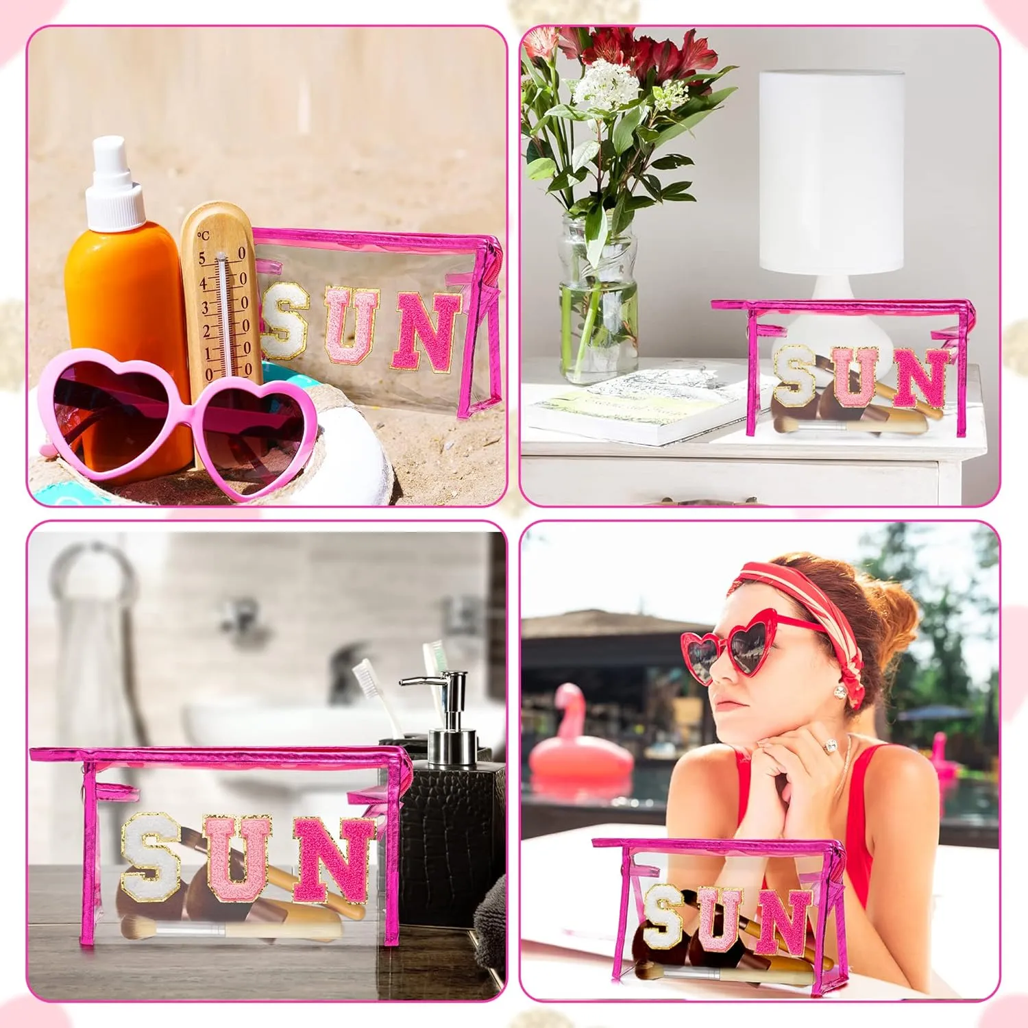 Y1tvei Preppy Patch SUN Varsity Letter Cosmetic Toiletry Bag Transparent PVC Zipper Makeup Bag Clutch Purse Portable Waterproof Travel Organizer Compliant Bag for Women Girls Teens(Rose Red)