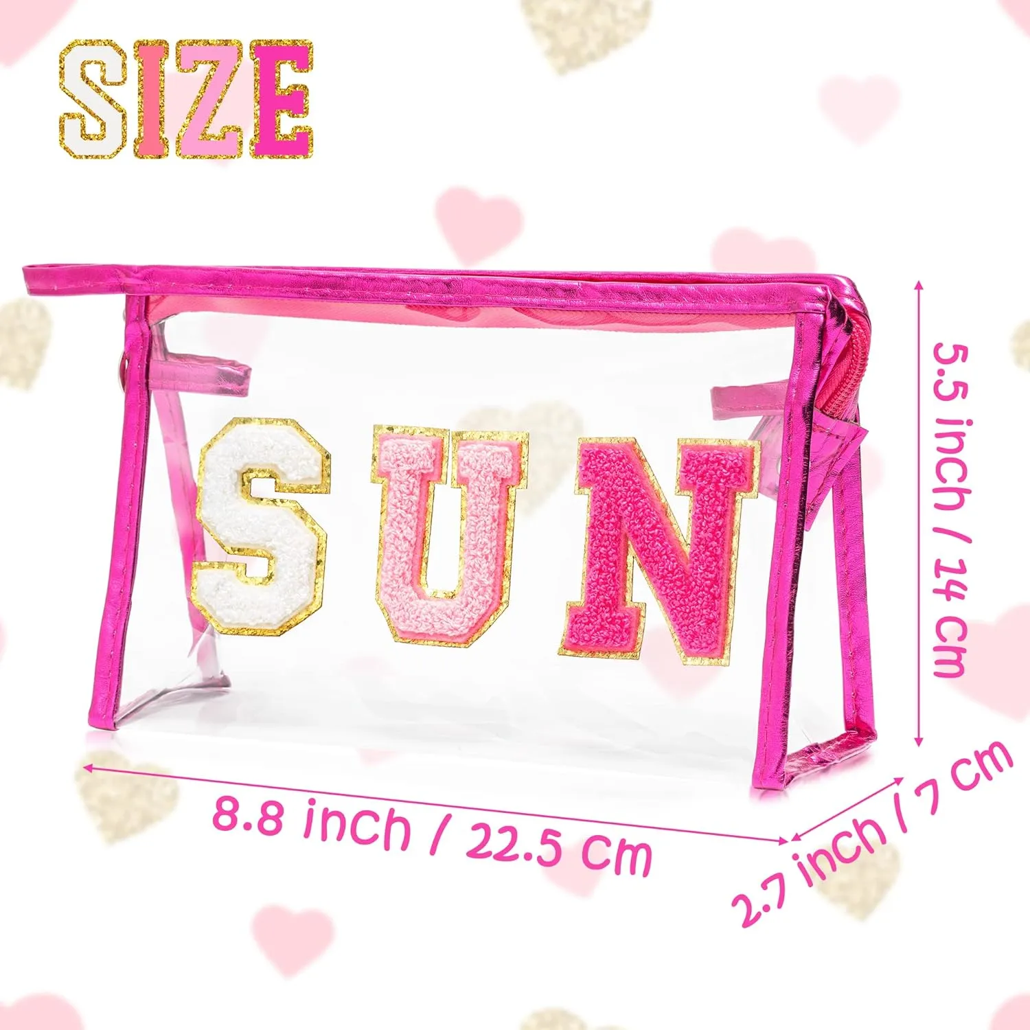 Y1tvei Preppy Patch SUN Varsity Letter Cosmetic Toiletry Bag Transparent PVC Zipper Makeup Bag Clutch Purse Portable Waterproof Travel Organizer Compliant Bag for Women Girls Teens(Rose Red)