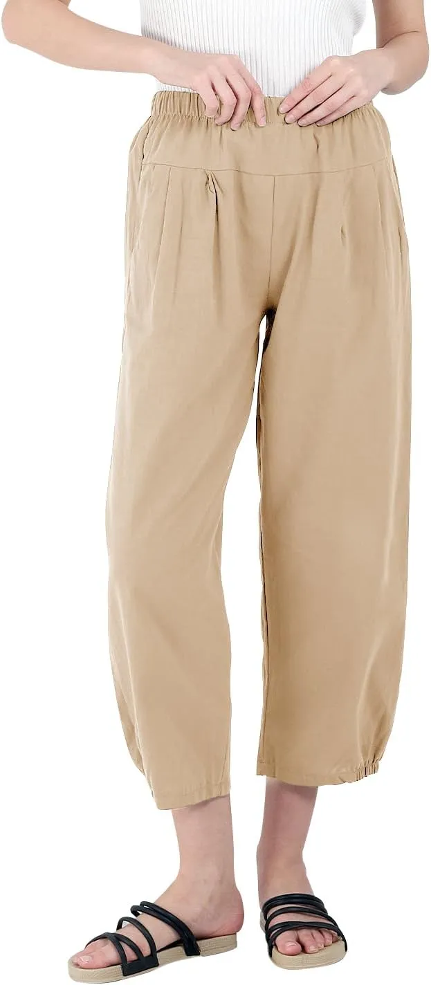 yoeasy Women's Linen Ankle Capris Trousers Loose Comfy Lounge Elastic Waist Pants with Pockets