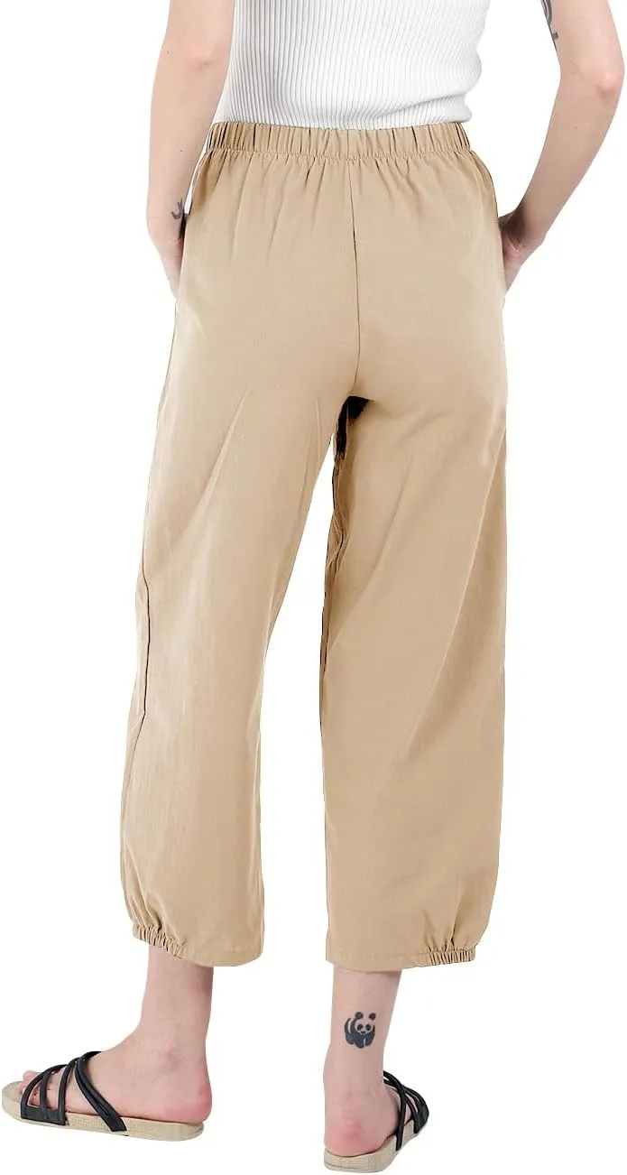 yoeasy Women's Linen Ankle Capris Trousers Loose Comfy Lounge Elastic Waist Pants with Pockets