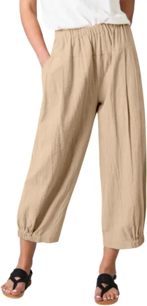 yoeasy Women's Linen Ankle Capris Trousers Loose Comfy Lounge Elastic Waist Pants with Pockets