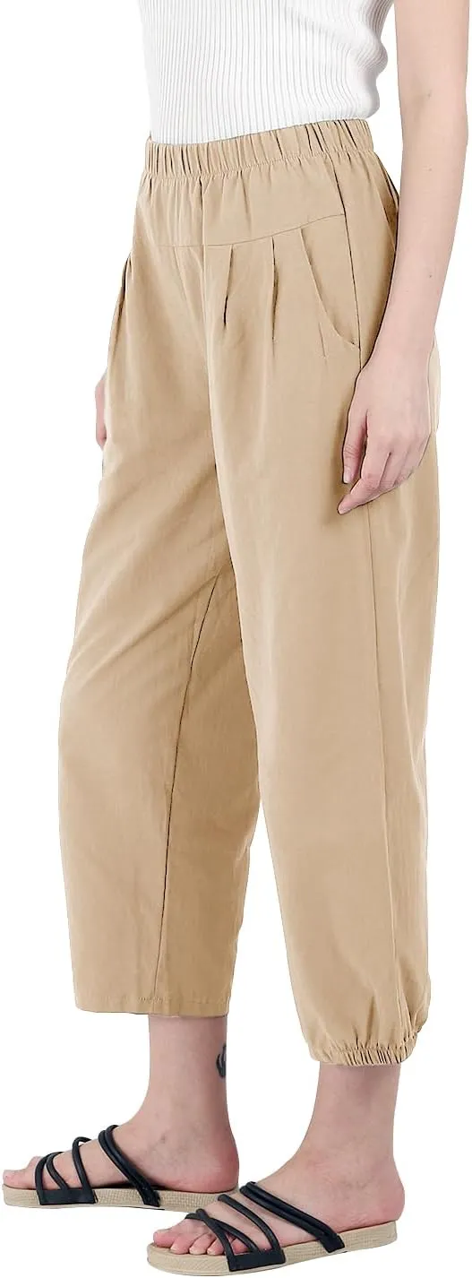 yoeasy Women's Linen Ankle Capris Trousers Loose Comfy Lounge Elastic Waist Pants with Pockets