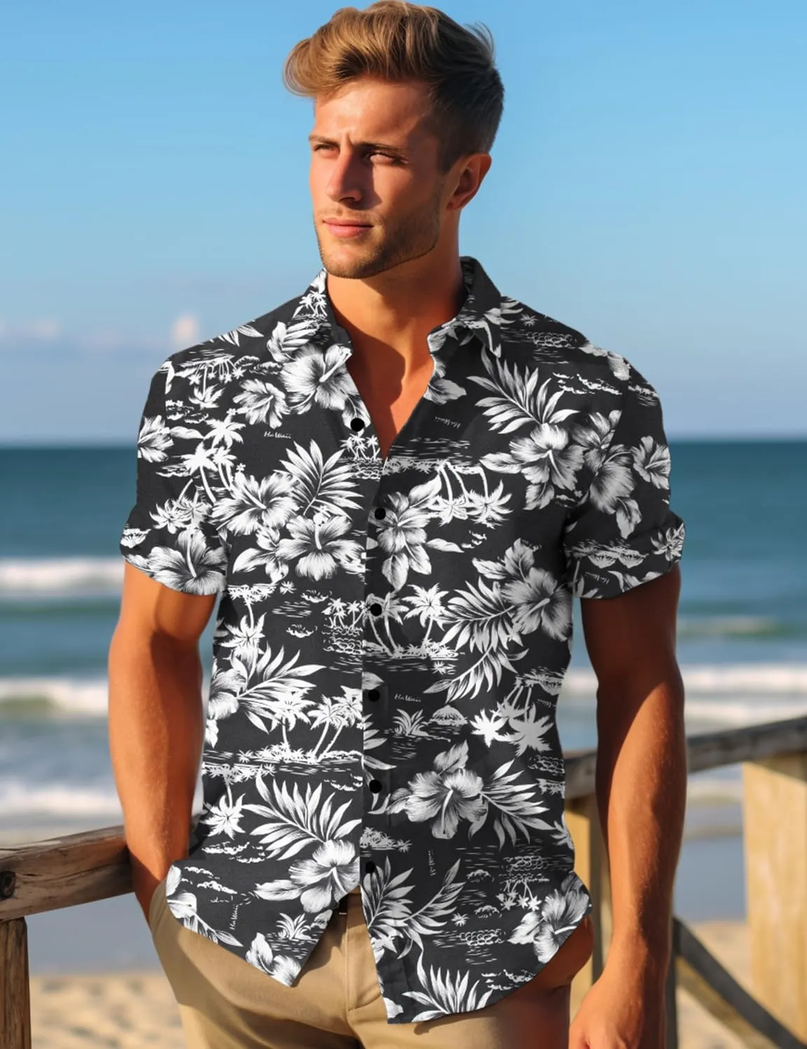 Yoimira Mens Hawaiian Shirts Short Sleeve,Print Mens Casual Button Down Floral Summer Beach Shirt