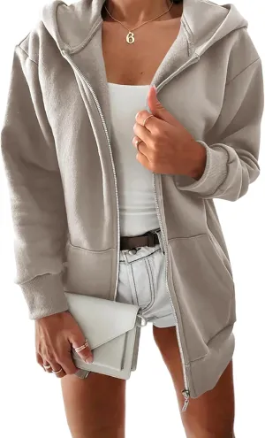 Yousify Women Casual Full Zip Up Plush Hoodie Comfy Loose Solid Sweatshirt Long Sleeve Jacket with Pockets