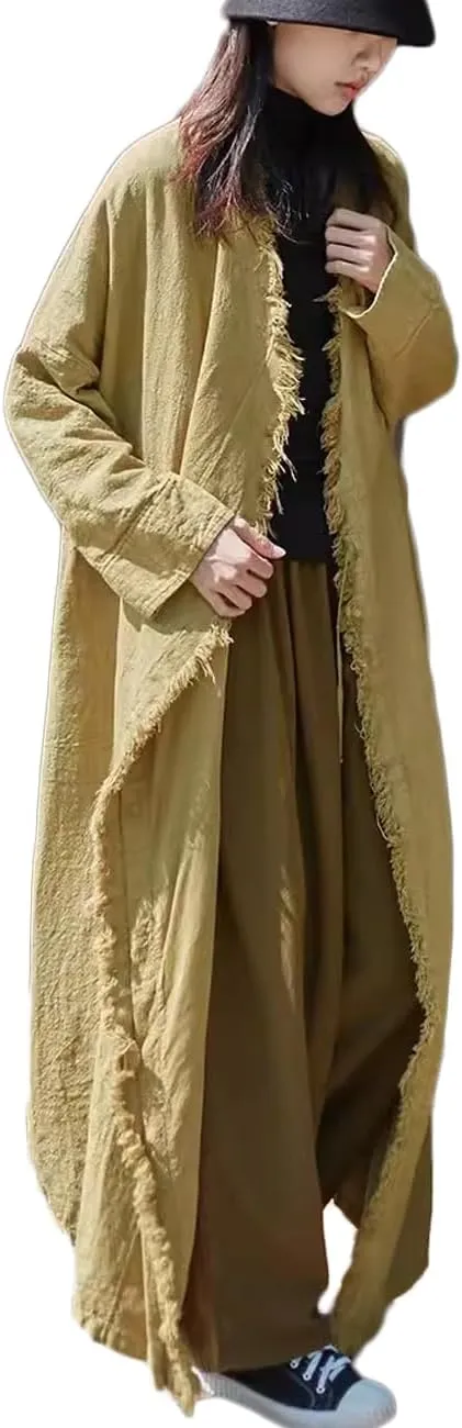 Ystylee Womens Cotton Linen Long Trench Coat Front Distressed Artistic Hippie Long Sleeve Maxi Outwear with Pocket
