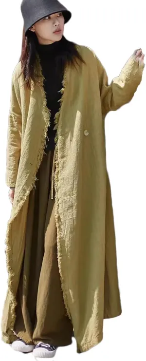 Ystylee Womens Cotton Linen Long Trench Coat Front Distressed Artistic Hippie Long Sleeve Maxi Outwear with Pocket