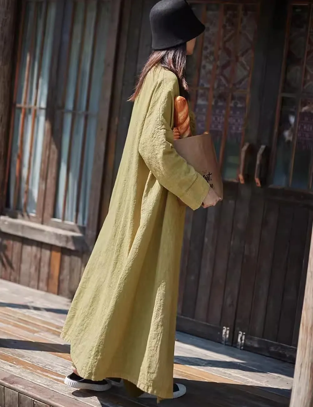 Ystylee Womens Cotton Linen Long Trench Coat Front Distressed Artistic Hippie Long Sleeve Maxi Outwear with Pocket