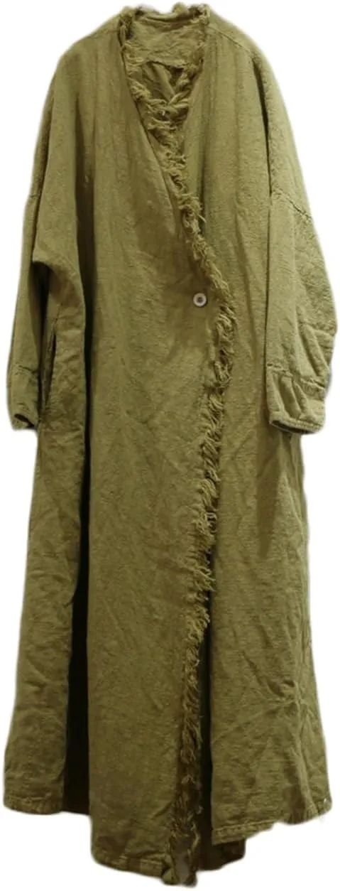 Ystylee Womens Cotton Linen Long Trench Coat Front Distressed Artistic Hippie Long Sleeve Maxi Outwear with Pocket