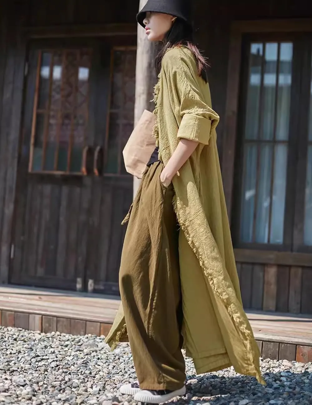 Ystylee Womens Cotton Linen Long Trench Coat Front Distressed Artistic Hippie Long Sleeve Maxi Outwear with Pocket