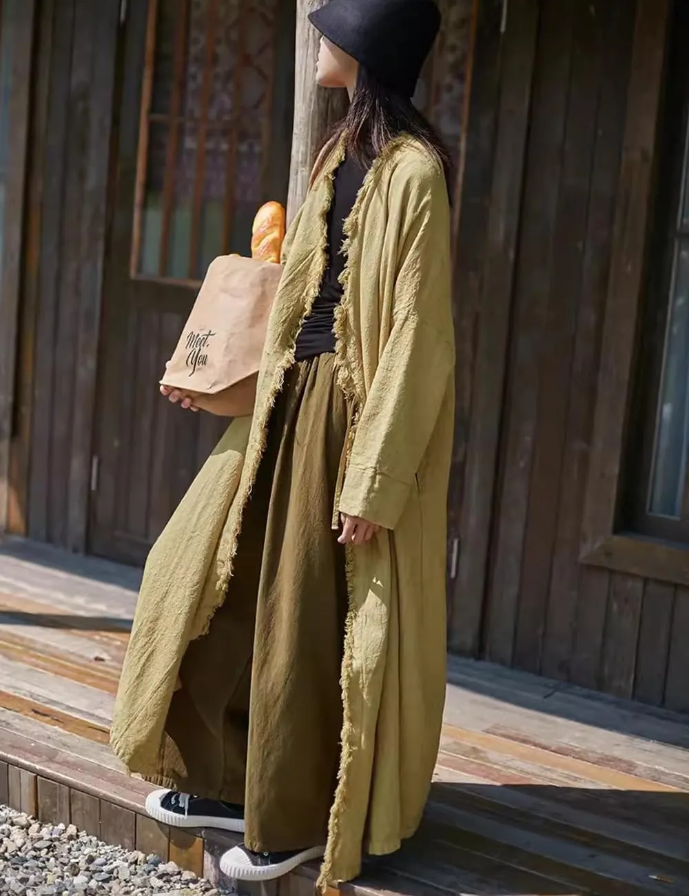 Ystylee Womens Cotton Linen Long Trench Coat Front Distressed Artistic Hippie Long Sleeve Maxi Outwear with Pocket
