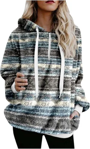 ZDRZK Women's Sweatshirts Plush 2024 Fall And Winter Warm Camo Hoodies Oversized Casual Long Sleeve Drawstring Clothes