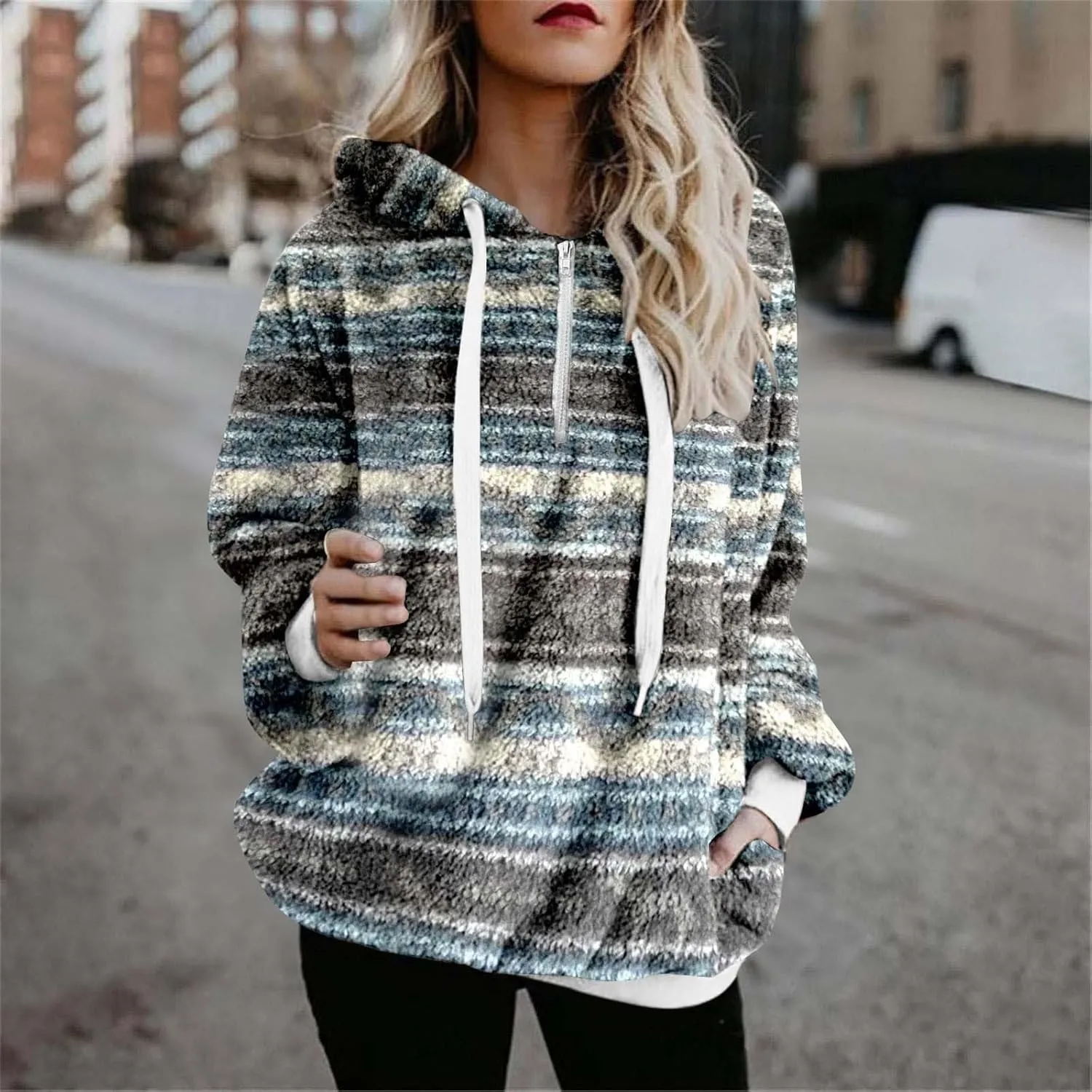 ZDRZK Women's Sweatshirts Plush 2024 Fall And Winter Warm Camo Hoodies Oversized Casual Long Sleeve Drawstring Clothes