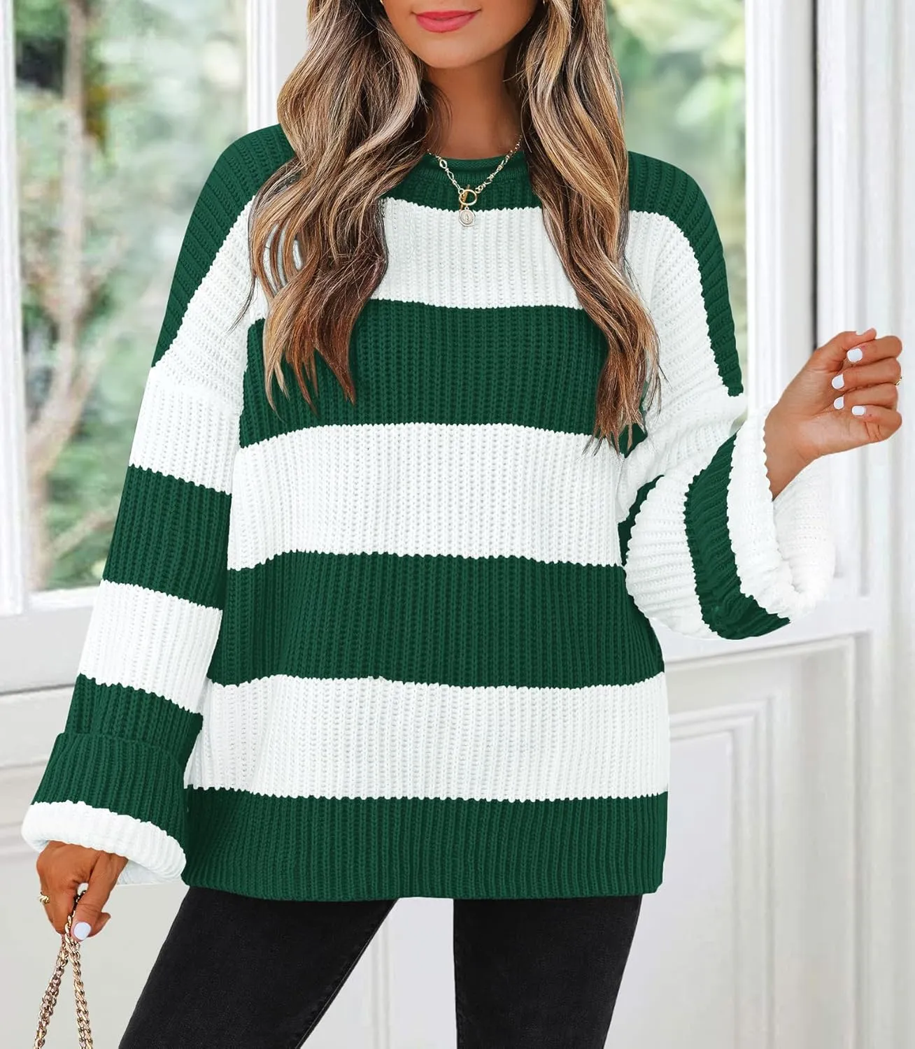 ZESICA Women's Fall Long Sleeve Crew Neck Striped Color Block Comfy Loose Oversized Knitted Pullover Sweater