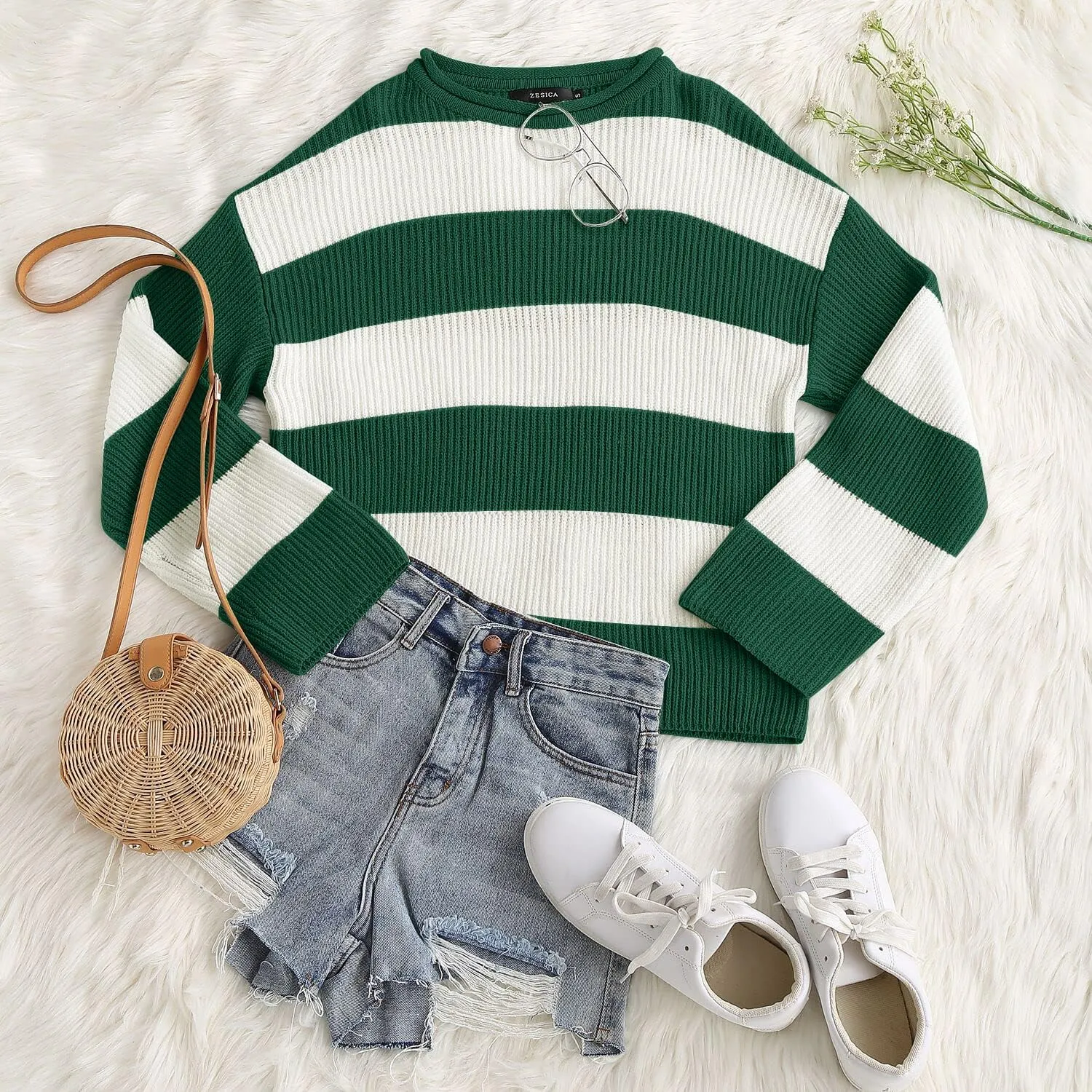 ZESICA Women's Fall Long Sleeve Crew Neck Striped Color Block Comfy Loose Oversized Knitted Pullover Sweater