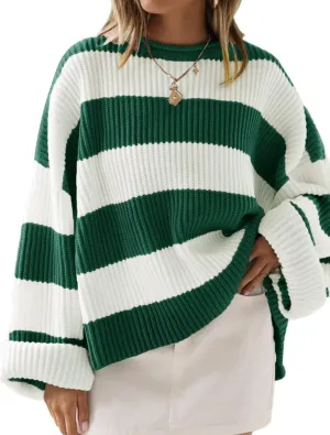 ZESICA Women's Fall Long Sleeve Crew Neck Striped Color Block Comfy Loose Oversized Knitted Pullover Sweater