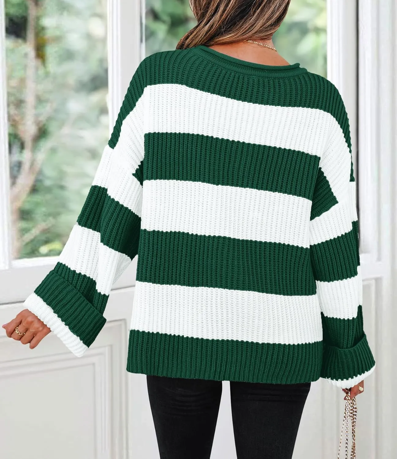 ZESICA Women's Fall Long Sleeve Crew Neck Striped Color Block Comfy Loose Oversized Knitted Pullover Sweater