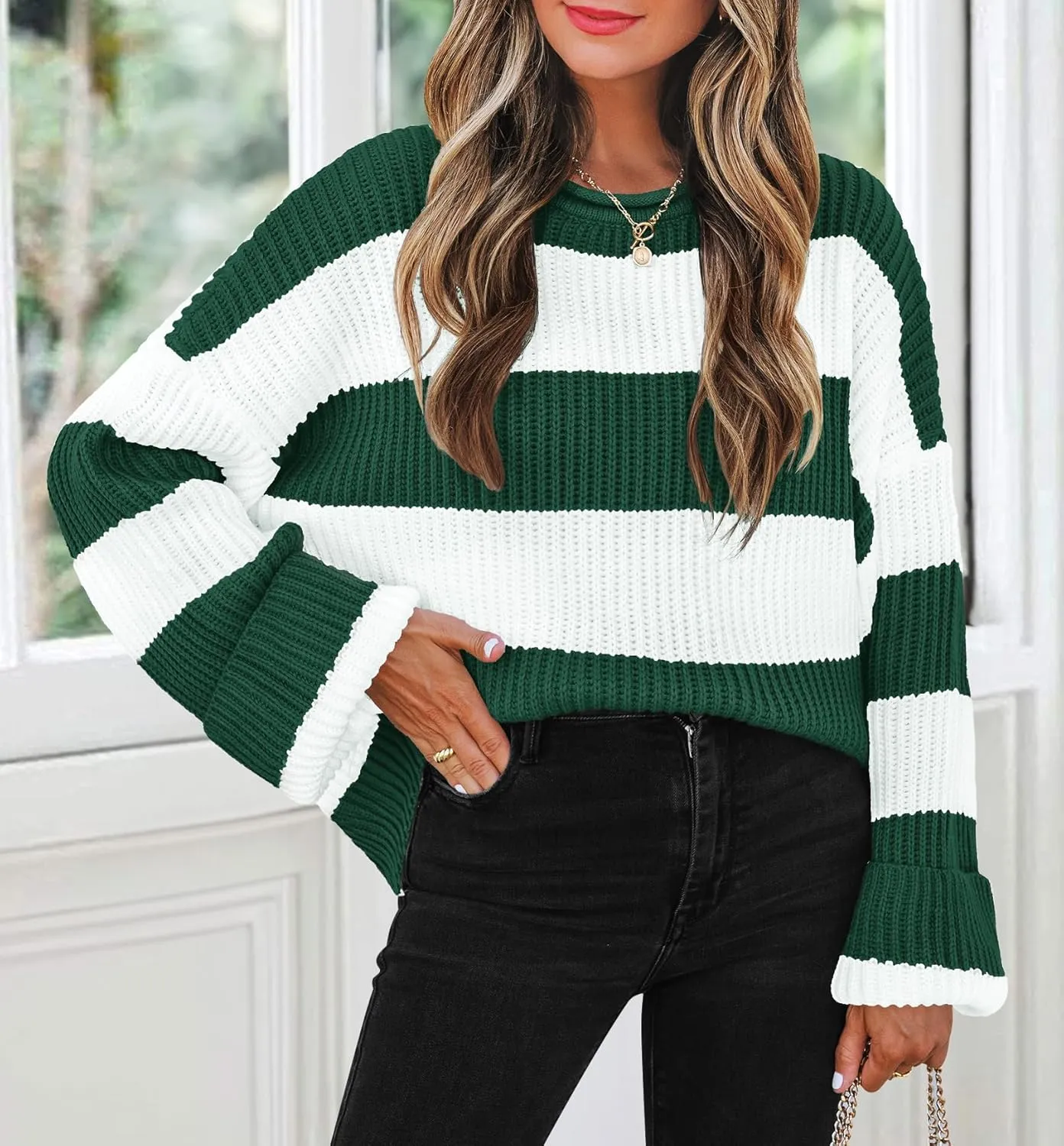 ZESICA Women's Fall Long Sleeve Crew Neck Striped Color Block Comfy Loose Oversized Knitted Pullover Sweater